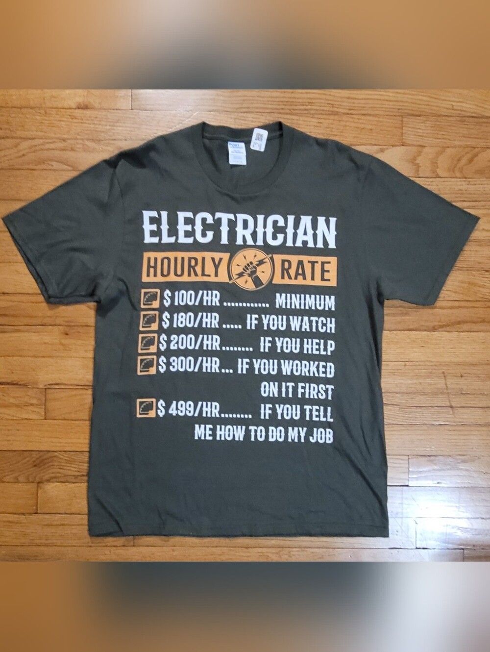 Port & Company Electrician Hourly Rate T Shirt Mens Large Olive NWT Funny Tee